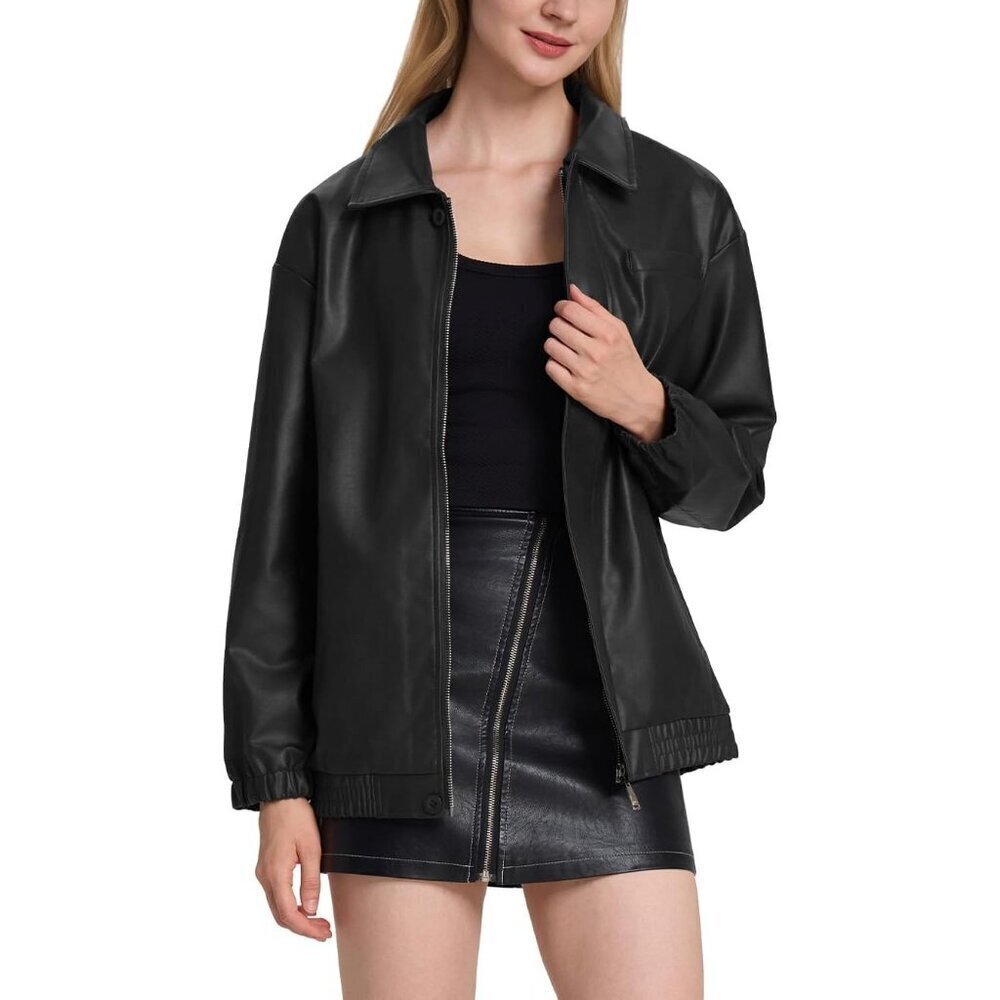🆕Women's Black Faux Leather Zip-Up Jacket with Elastic Cuffs and Collar